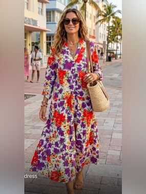 ShopEvelynne White Maxi Dress with Red & Purple Floral Print